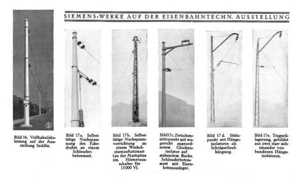 6 kleine Fotos mit Masten und Einheitsfahrleitung
